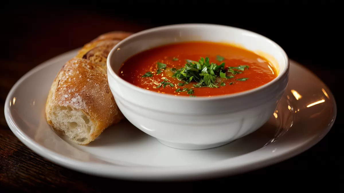 Tomatensuppe mit Brot und frischen Kräutern