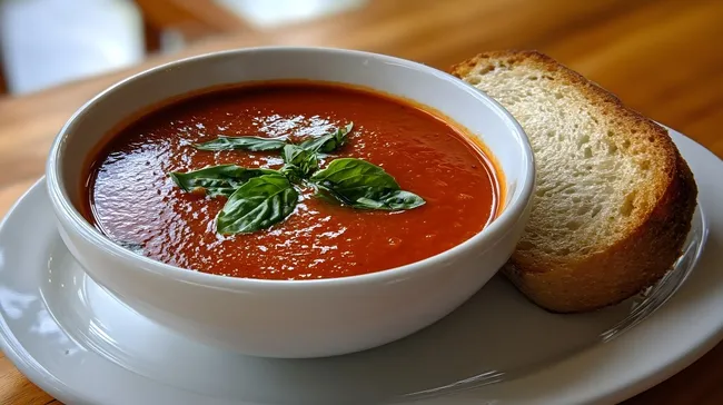 Tomatensuppe mit frischen Kräutern und Brot