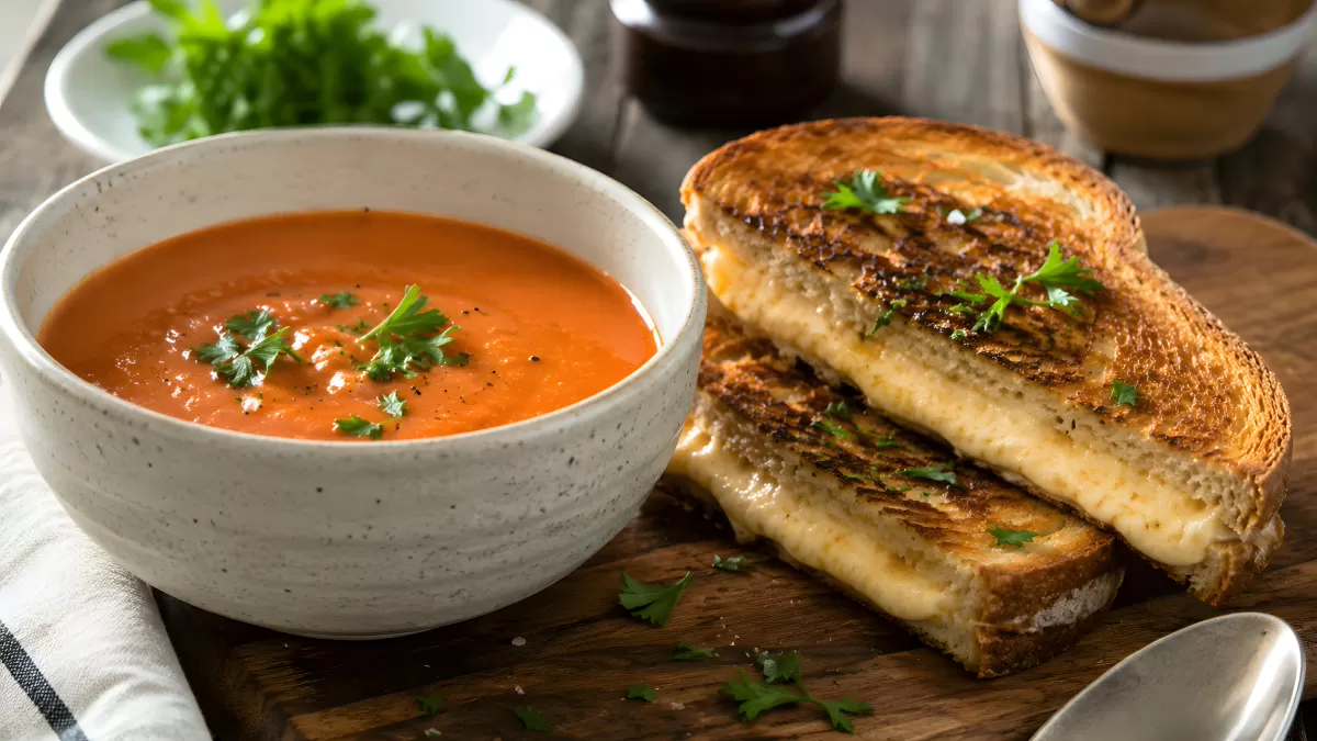 Tomatensuppe mit Grillkäse-Sandwich auf Holzbrett