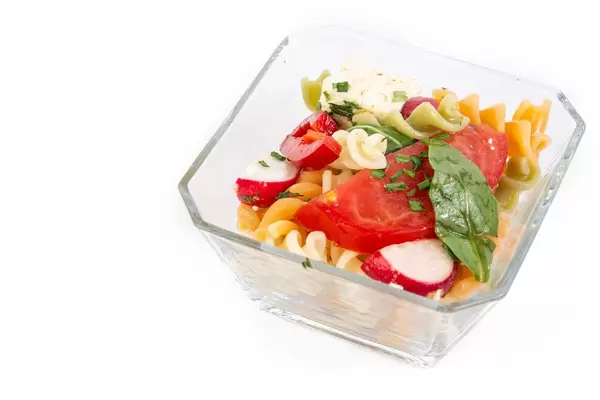 Tomato Radishes Rukola and Cheese in the square bowl