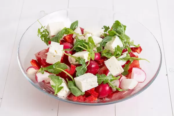 Tomato Radishes Rukola and Cheese salad