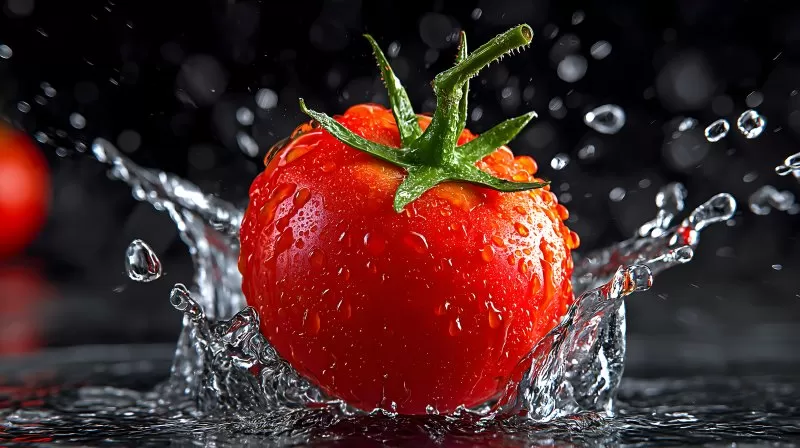 Tomato splash macro with water drops