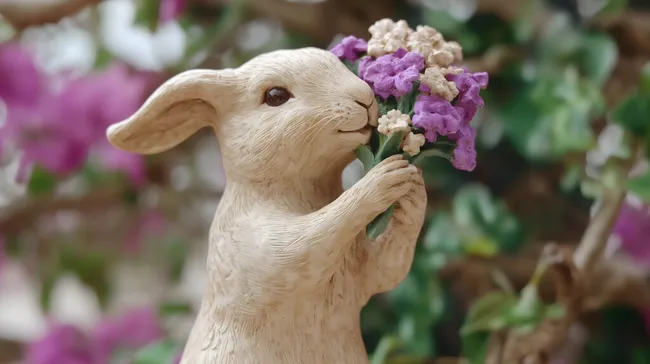Tonhase mit Lavendelblüten im Garten
