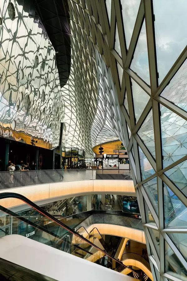Top floor of modern My Zeil shopping mall with parametric ceiling
