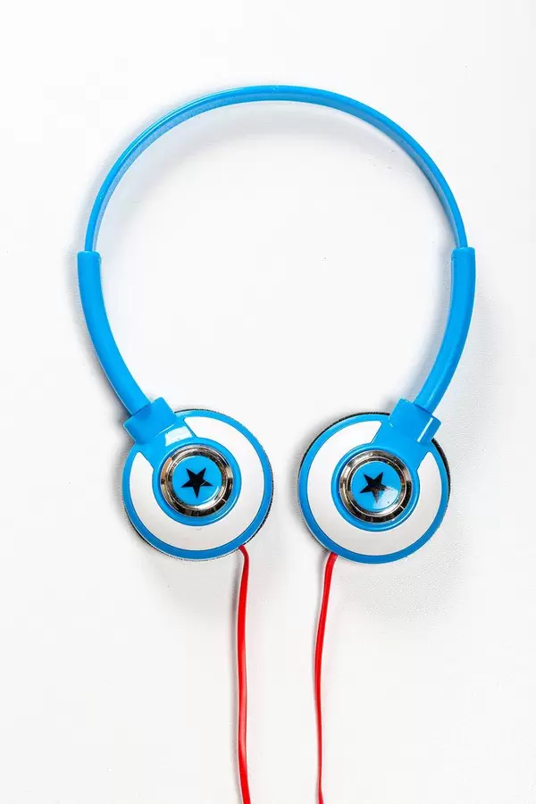 Top view children's blue headphones on white background