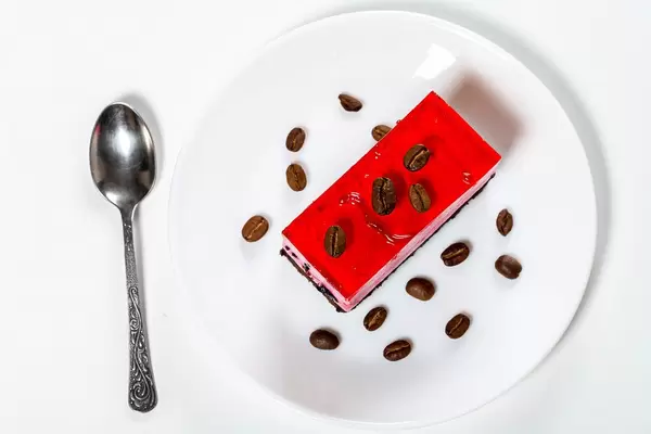 Top view chocolate and strawberry cake with coffee grains (Flip 2019)