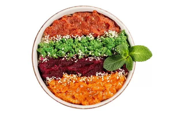 Top view dietary and healthy breakfast with fruit multicolored smoothies