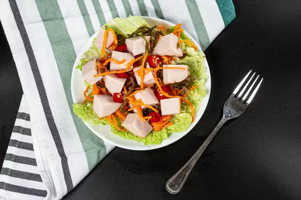 Top view dietary salad with chicken and vegetables