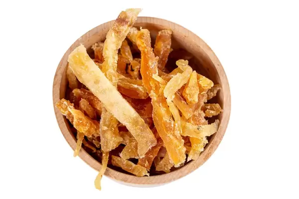 Top view, dried tuna meat in wooden bowl