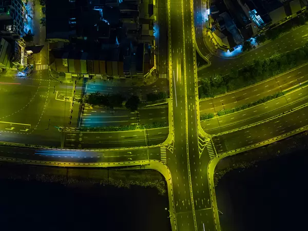 Top View Drone Night Photo of an empty Bridge and Highway in Ho Chi Minh City, Vietnam