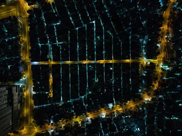 Top View Drone Photo of a local Neighborhood with several small Alleys in District 4 of Ho Chi Minh City, Vietnam