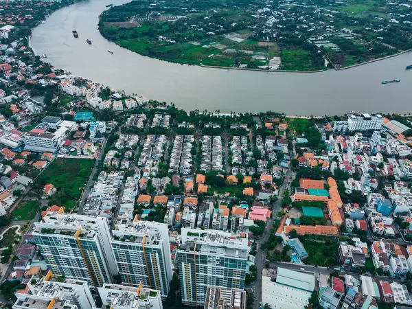 Top View Drone Photo of An Phu Neighborhood with many Villas, high-class properties and the Vista Apartment Building in District 2 in Ho Chi Minh City, Vietnam