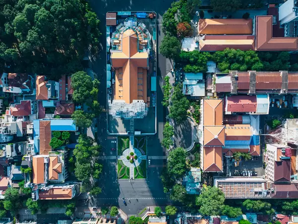 Top View Drone Photo of Notre Dame Cathedral and Saigon Post Office in District 1 in Ho Chi Minh City, Vietnam