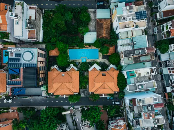 Top View Drone Photo of Villas with Garden and Pool in An Phu Neigborhood in District 2 in Ho Chi Minh City, Vietnam