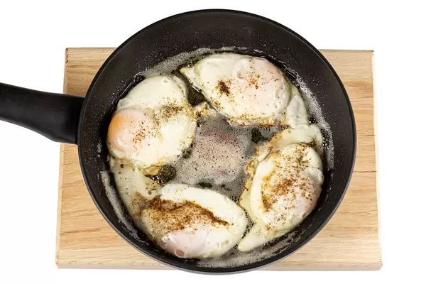 Top view, frying pan with fried chicken eggs