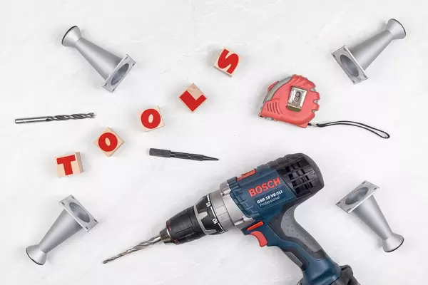 Top view Hardware Tools Measuring tape Drill