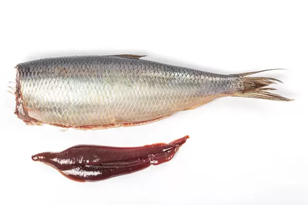Top view, headless herring with caviar on white