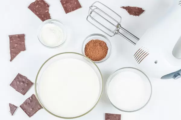 Top view ingredients for making homemade chocolate ice cream