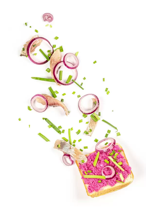 Top view, ingredients for pickled herring and horseradish sandwich