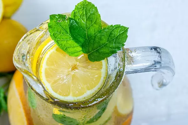 Top view jug with fresh lemonade