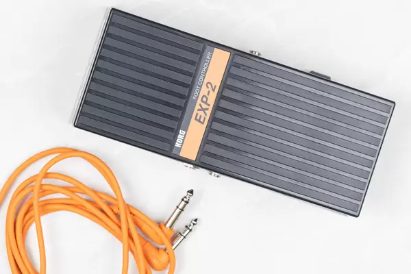 Top view Korg volume pedal with audio cable above white background