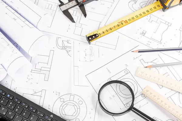 Top view, many blueprints and drawing tools, engineer workplace