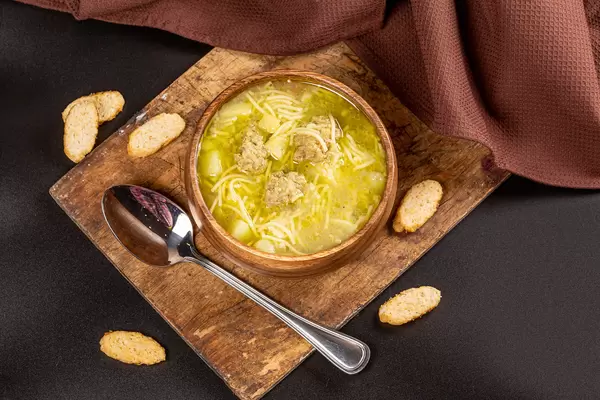 Top view, noodle soup with meat meatballs