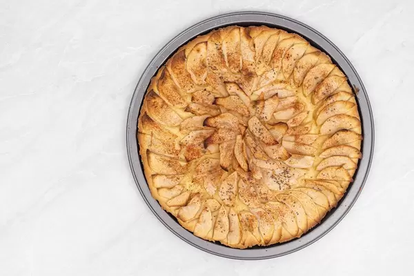 Top view od baked Apple Pie with copy space
