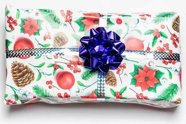Top view of a Christmas gift on a white background