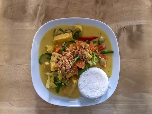 Top View of a healthy lunch with turmeric curry, vegetables like paprika, carrots, and white rice served on a white plate
