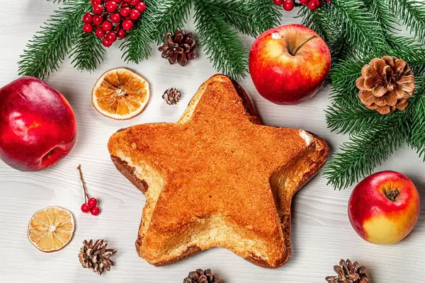 Top view of a homemade cake in the shape of a star on a Christmas background (Flip 2019)