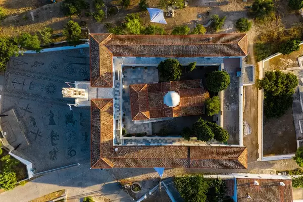 Top view of Church Agios Nikolaos with its picturesque Veranda, at the saronic island Spetses, Greece