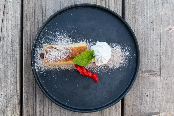 Top view of dessert at Mexican food night in vegan version at Villa Vegana restaurant in Selva, Majorca