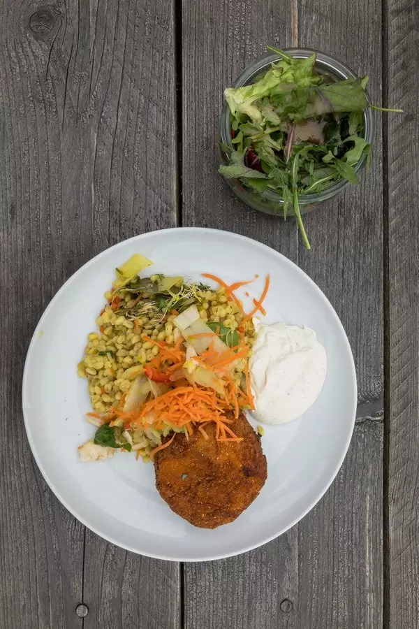 Top view of eggplant-potato croquettes, veggie risotto with tarragon aioli and mixed salad