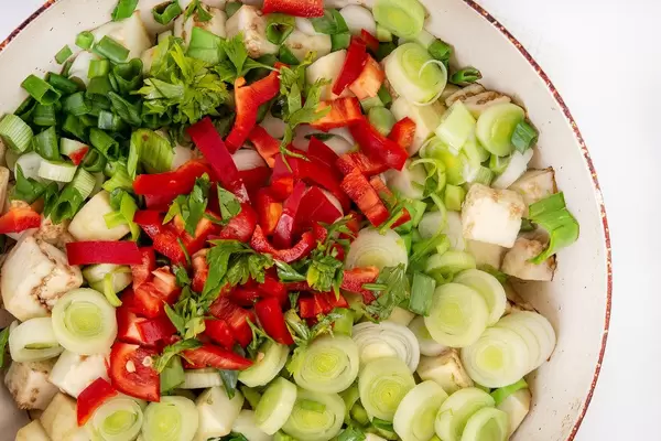 Top view of Eggplant with Leek and Paprika in the frying pan (Flip 2019)