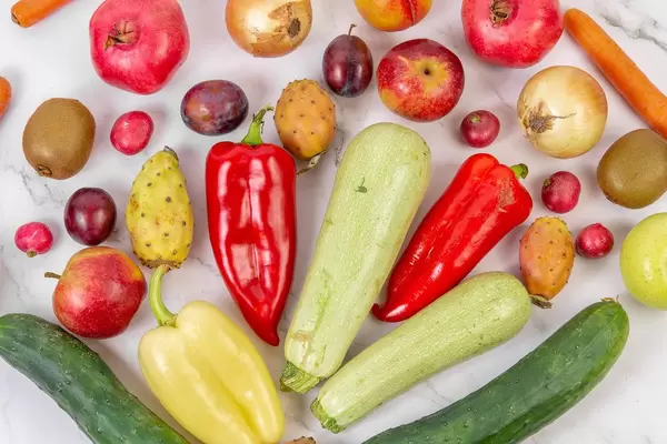 Top view of fresh and healthy fruits and vegetables (Flip 2019)