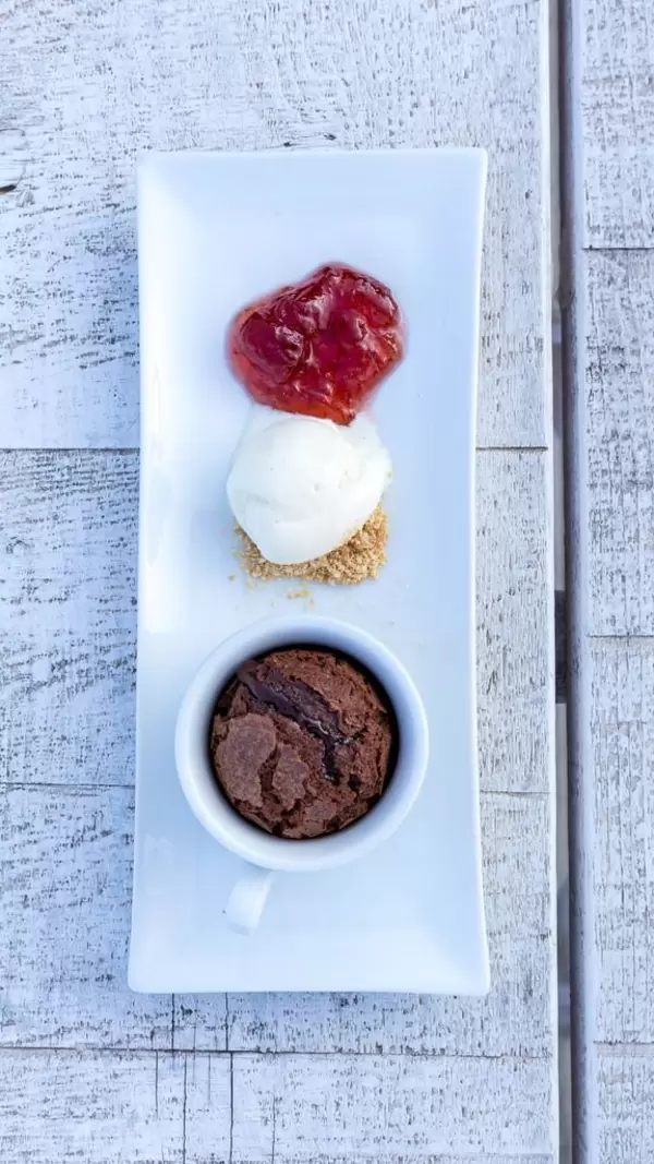 Top view of Greek coffee soufflé with kaimaki ice cream