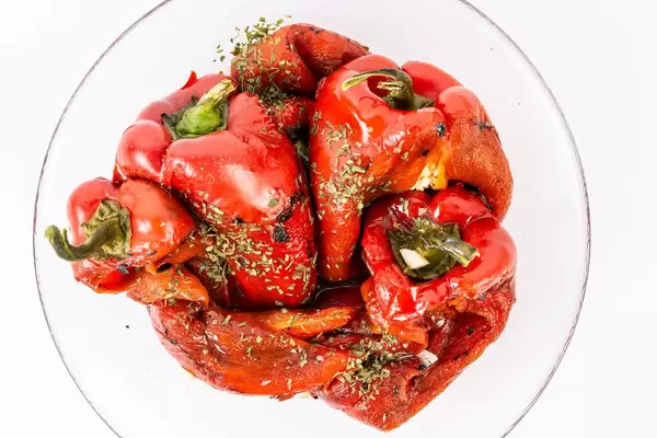 Top view of Grilled Red Paprika salad (Flip 2019)