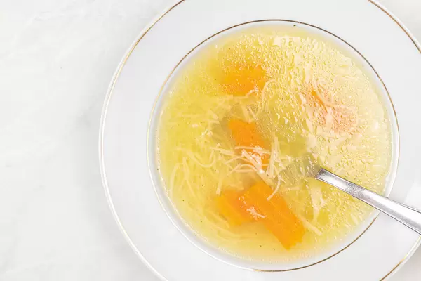 Top view of Healthy Chicken Soup in the plate