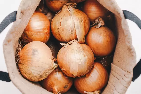 Top view of many onions in a carrier bag