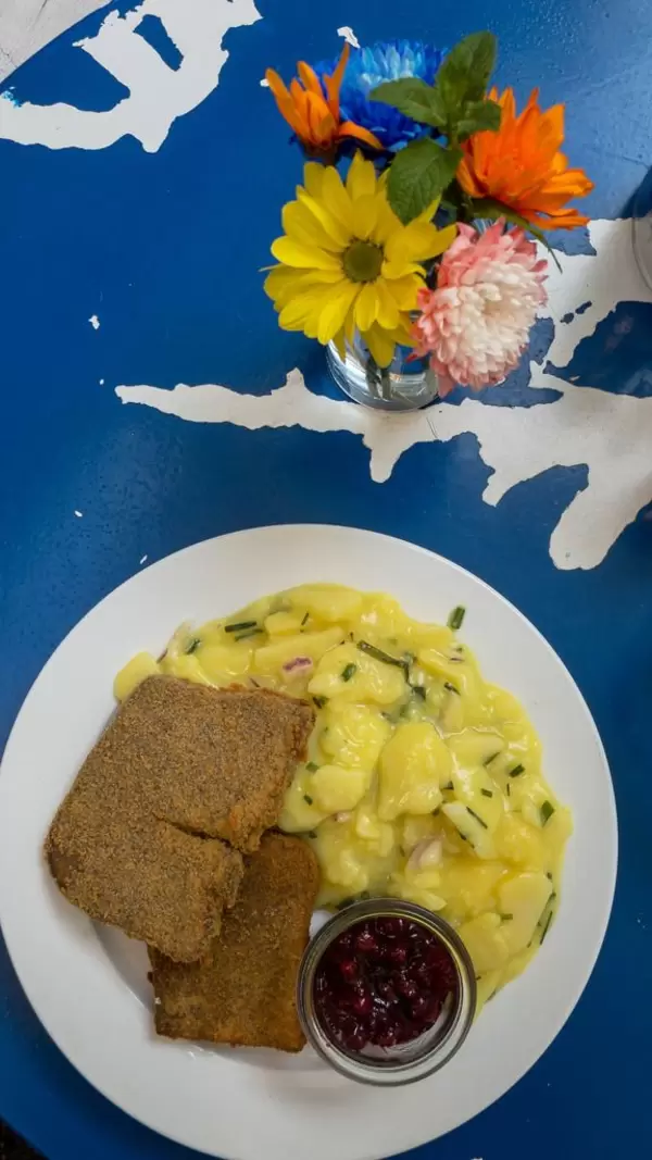Top view of organic Viennese Schnitzel at Augustin