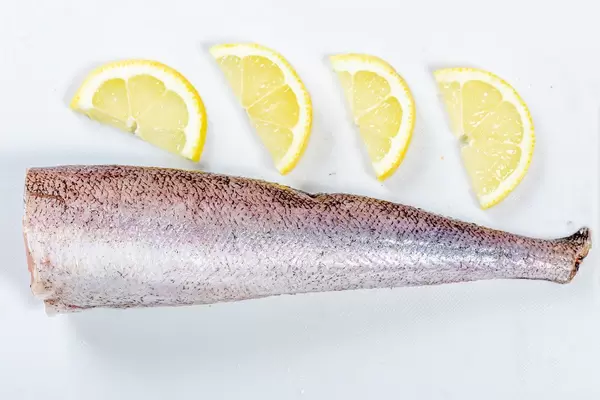 Top view of raw hake fish with lemon slices