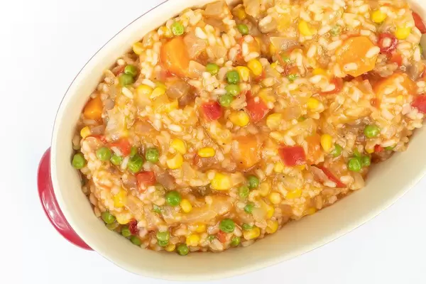 Top view of Risotto with Vegetables in the bowl