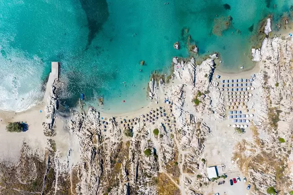 Top view of the popular beach Kolympithres between granite rocks, on the greek island Paros in the Aegean Sea