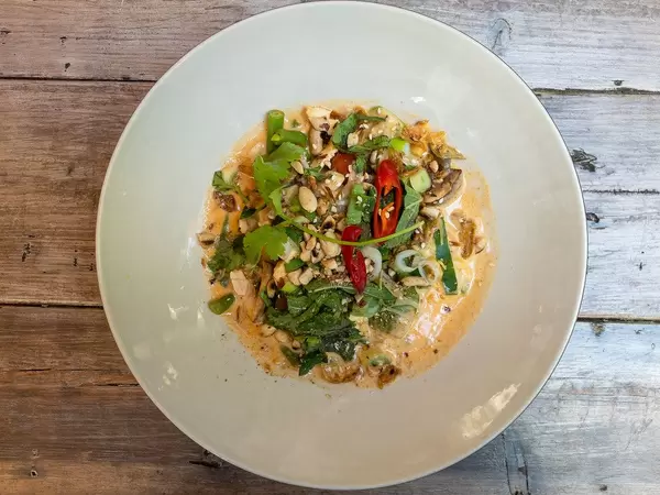 Top view of the Vietnamese lunch "Pho Sot Can" - organic tofu in red coconut curry with mushrooms, bush beans, eggplants, peanuts and cashews