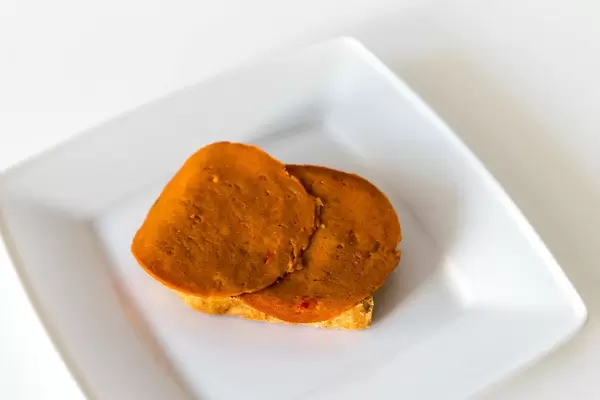 Top View of vegan fitness food and meat substitute "Seiten Paprika" by Grün Gold, lactose-free