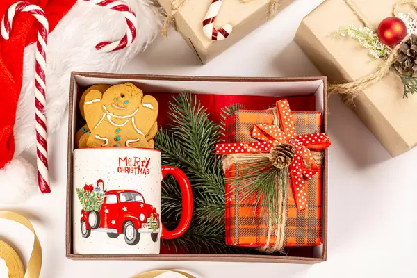 Top view, open box with gifts for christmas or new year