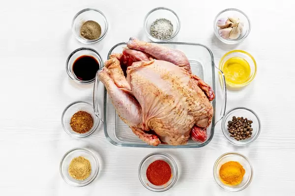 Top view, raw chicken with spices, sauce, honey and garlic. Recipe for cooking delicious chicken (Flip 2019)