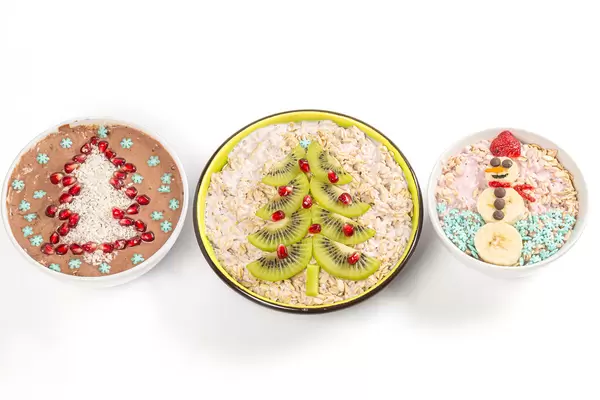 Top view, set of christmas healthy breakfast on white background