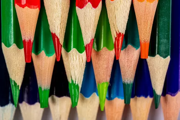 Top view, tips of multicolored pencils